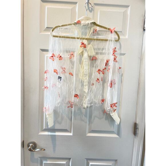 Unique Vintage 3D Butterfly Blouse Long Sleeve Lace with Bow Collar Sz XS #34 - Picture 9 of 9